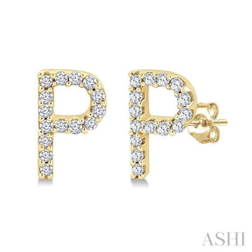1/10 Ctw Initial 'P' Round Cut Diamond Earrings in 10K Yellow Gold